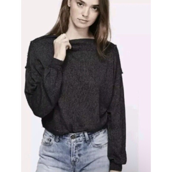 Free People We The Free Charcoal Hacci Knit Slouchy Top Wide Neck XS Boho Chic - Picture 2 of 15
